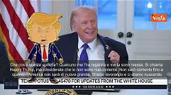 Trump con spilletta di s&eacute; stesso cartoon: Si chiama &ldquo;Happy Trump&rdquo;, ma io non sono mai contento